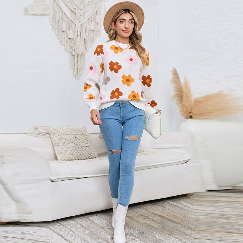 Retro Floral Print Knit Pullover Sweater - Women's Long Sleeve Top