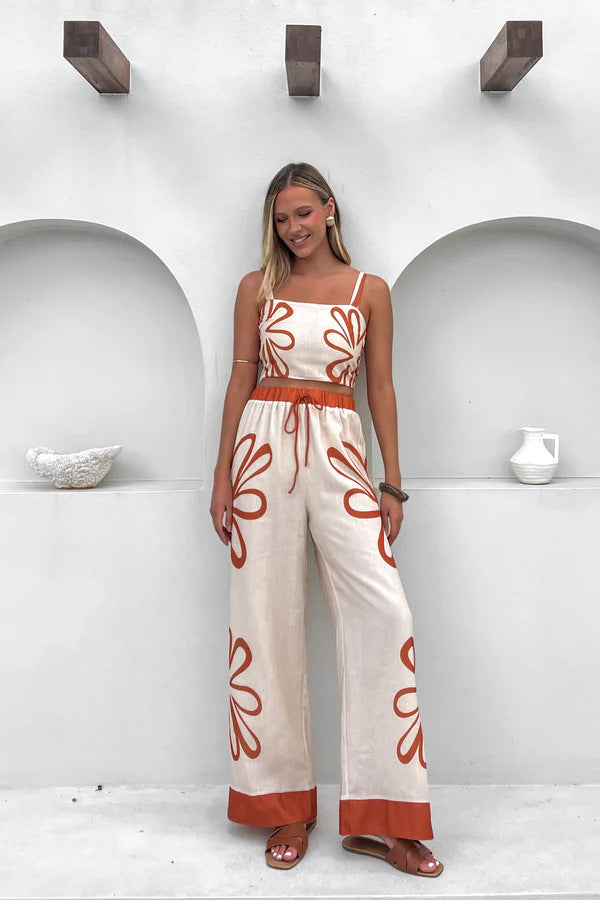Women's Floral Wide-Leg Pants Set - Sleeveless Crop Top & Vacation Outfit