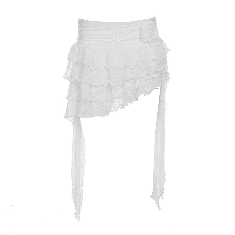 Boho Ruffle Lace High-Low Skirt - White Layered Mini with Sheer Train