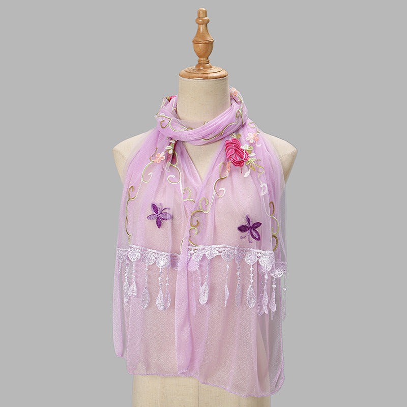 Embroidered Floral Tassel Scarf - Lightweight Double-Layer Wrap for Women