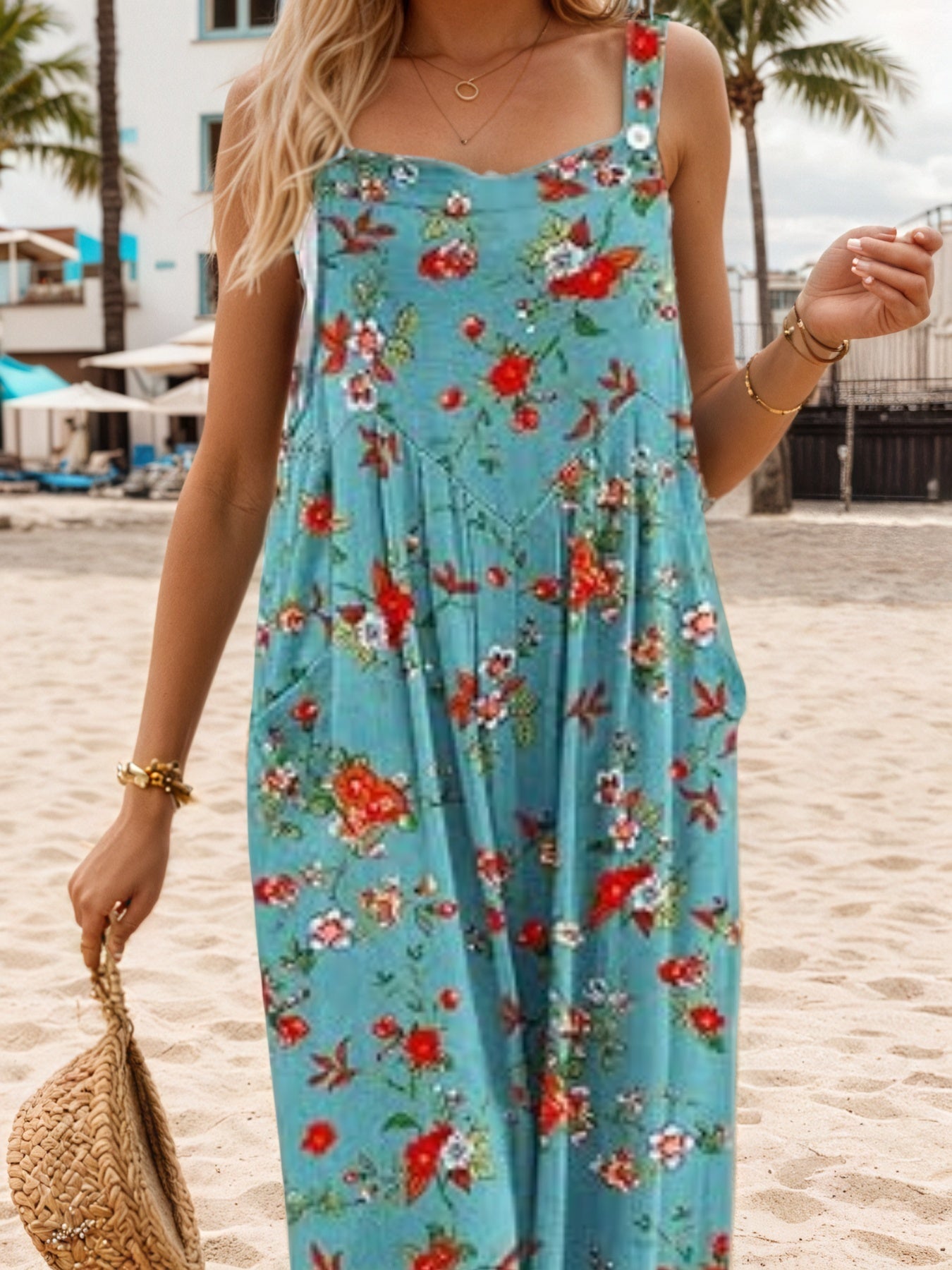 Women's Boho Floral Wide-Leg Jumpsuit with Pockets - Summer Casual Loose Overalls