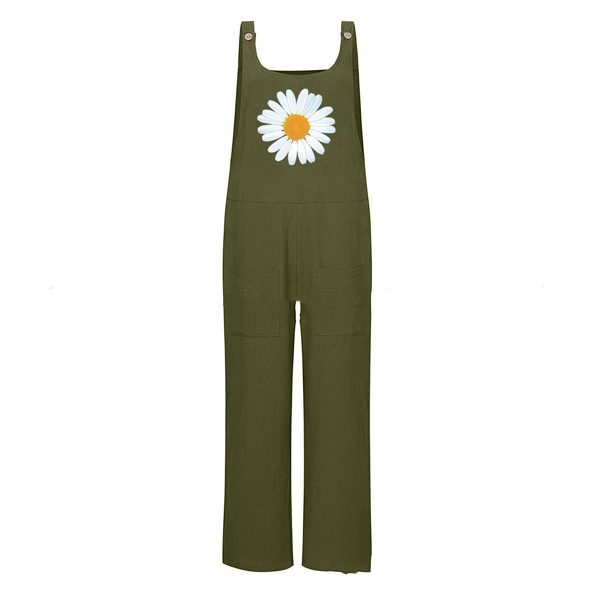Women's Cotton-Linen Daisy Print Overalls - Casual Loose Jumpsuit with Pockets