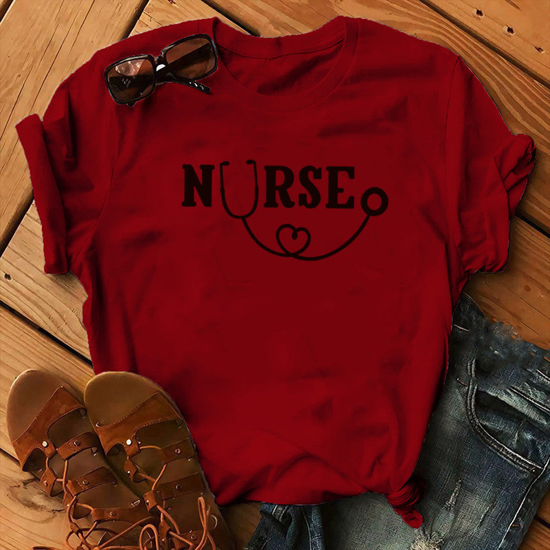 Nurse Graphic T-Shirt - Stethoscope Heart Print Short Sleeve