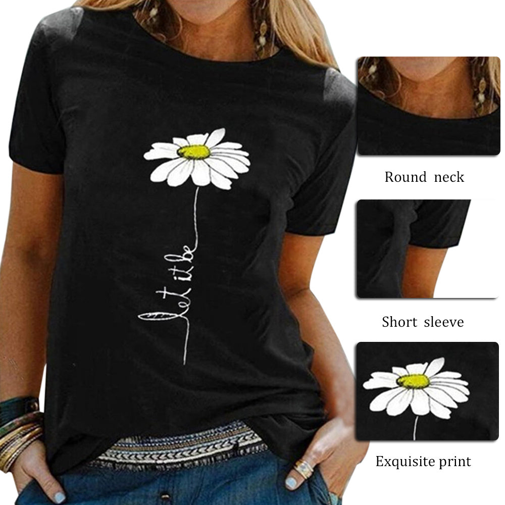 Women's "Let It Be" Daisy Graphic Tee - Casual Flower Print T-Shirt