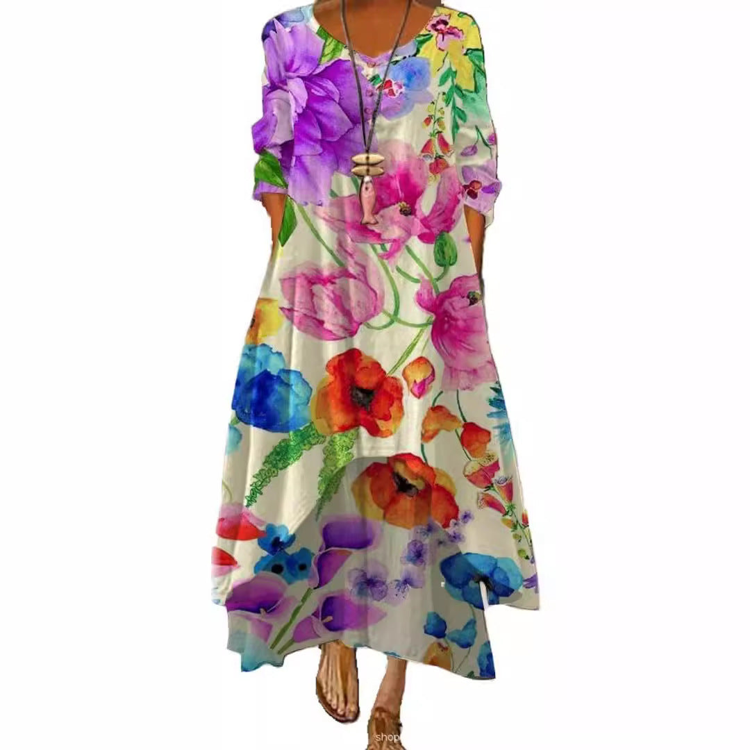 Boho Floral & Abstract Maxi Dress - Irregular Hem, Casual Loose Fit