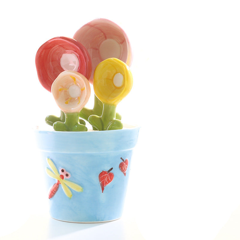 Ceramic Flower Measuring Spoon Set with Pot Holder - 4-Piece Decorative Kitchen Utensils