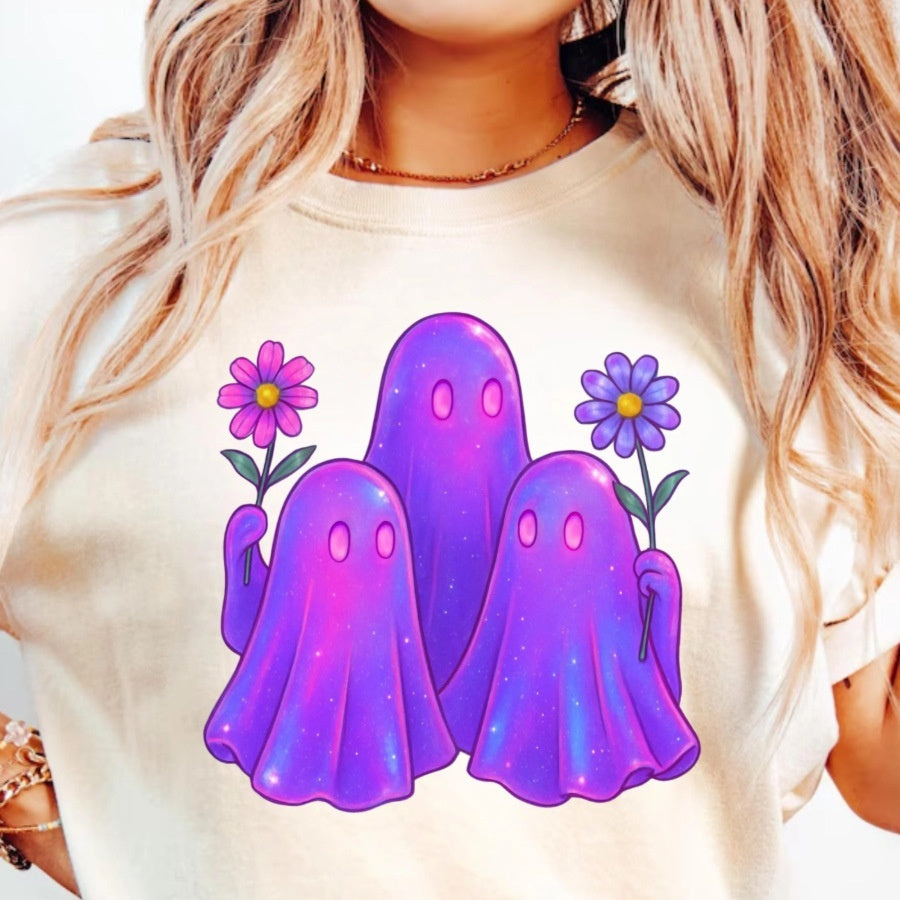 Pastel Ghosts with Flowers Graphic Tee - Cute Spooky Aesthetic