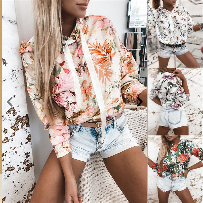 Women's Floral Print Hooded Sweatshirt - Casual Pullover Hoodie