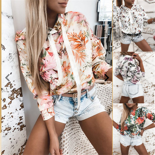 Women's Floral Print Hooded Sweatshirt - Casual Pullover Hoodie