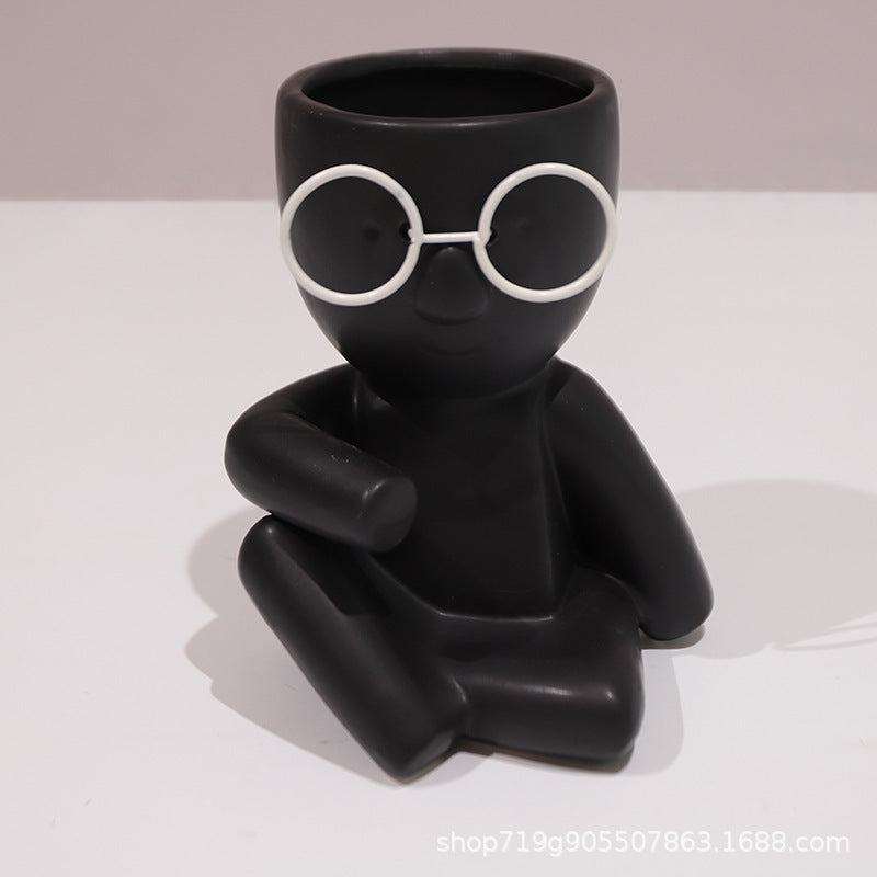 Quirky Ceramic Figure Flower Pots with Glasses - Cartoon Planters