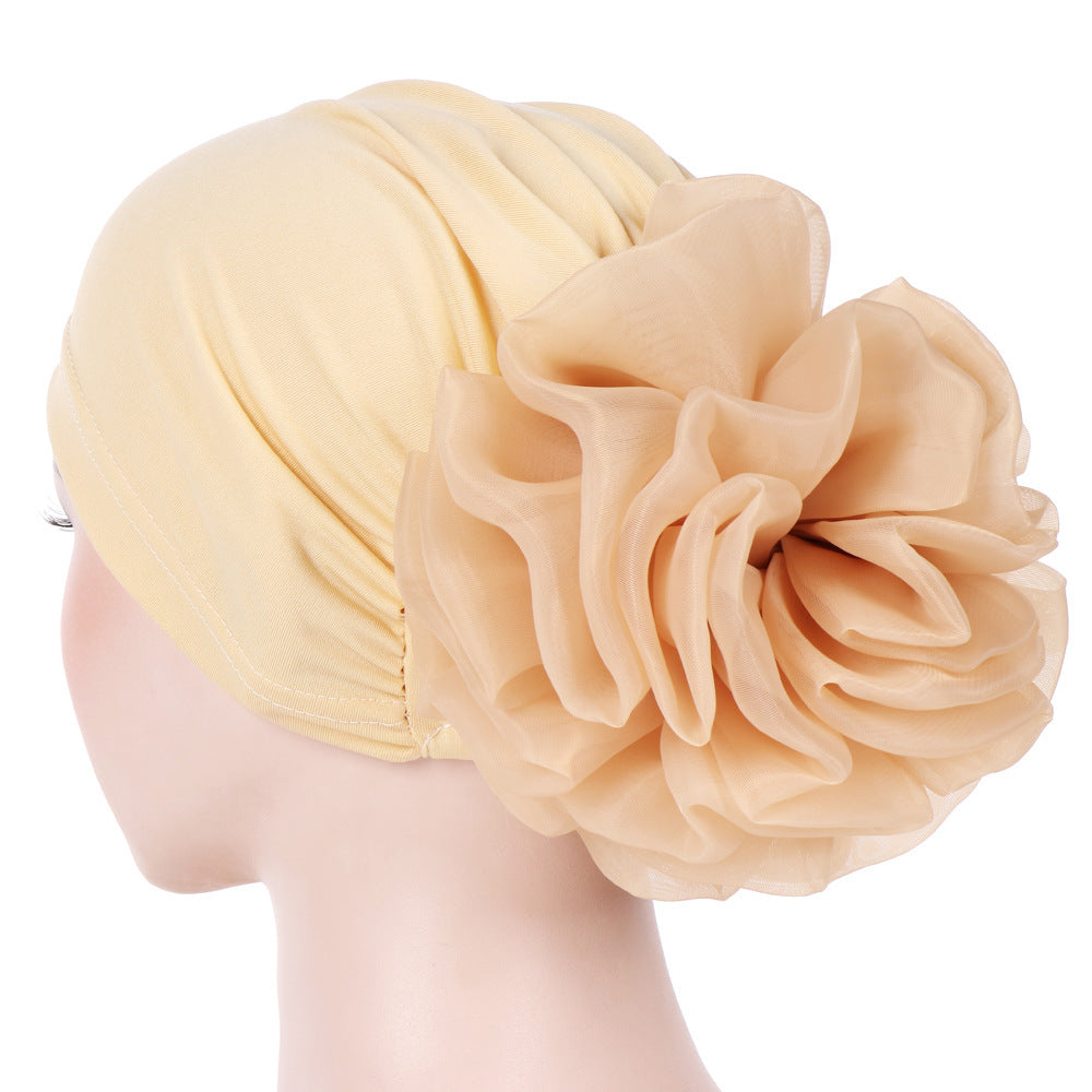 Women's Fashion Turban Hat with Large Flower Accent - Elegant Headwrap Cap