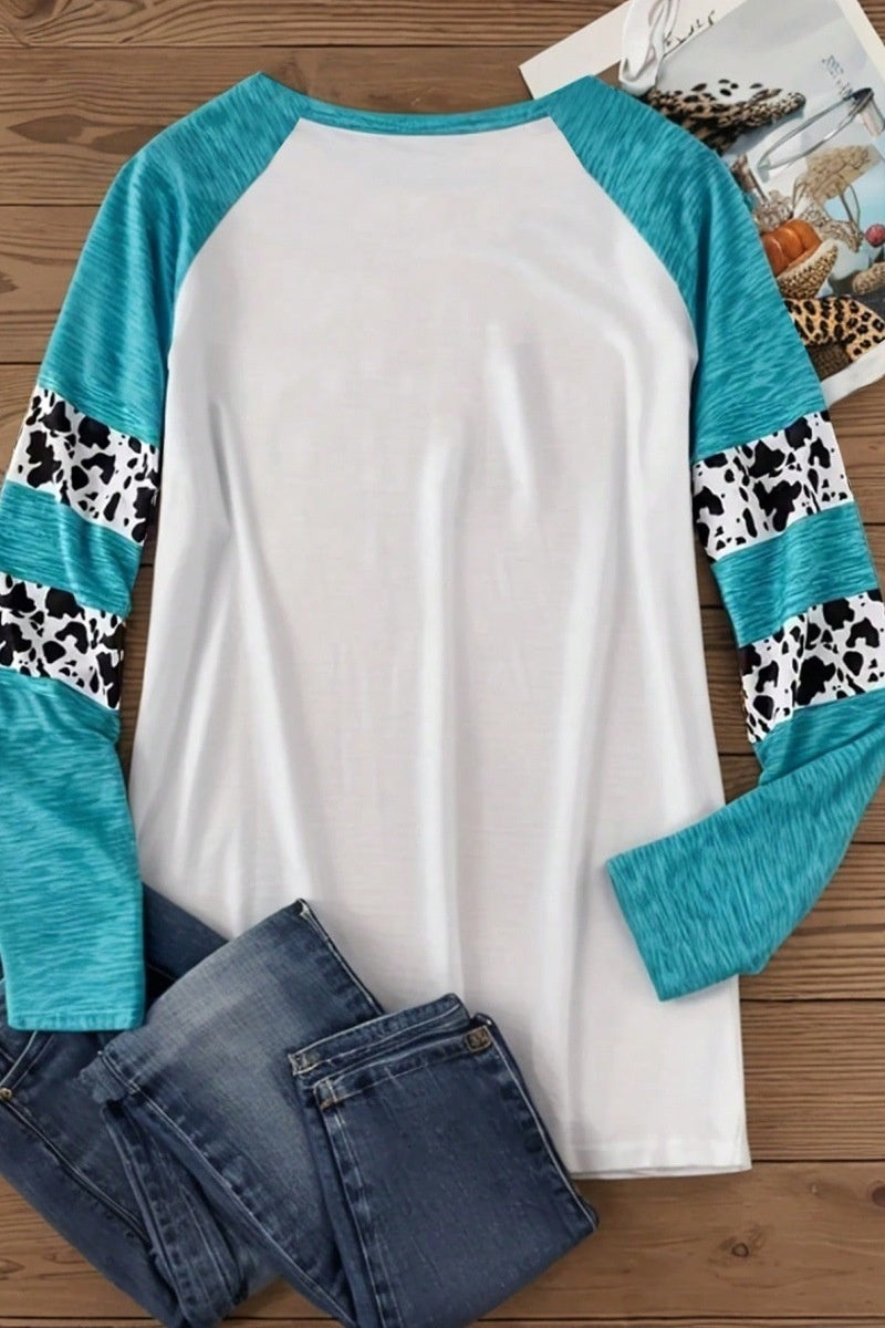 Blue Pumpkin Patchwork Raglan Tee - Women's Fall Long Sleeve Graphic Shirt