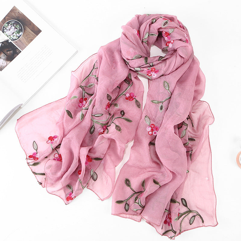 Embroidered Floral Chiffon Scarf - Lightweight Shawl & Wrap