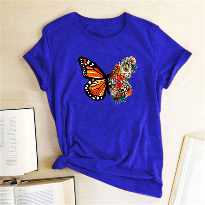 Butterfly & Wildflower Print Cotton T-Shirt - Short Sleeve Casual Tee