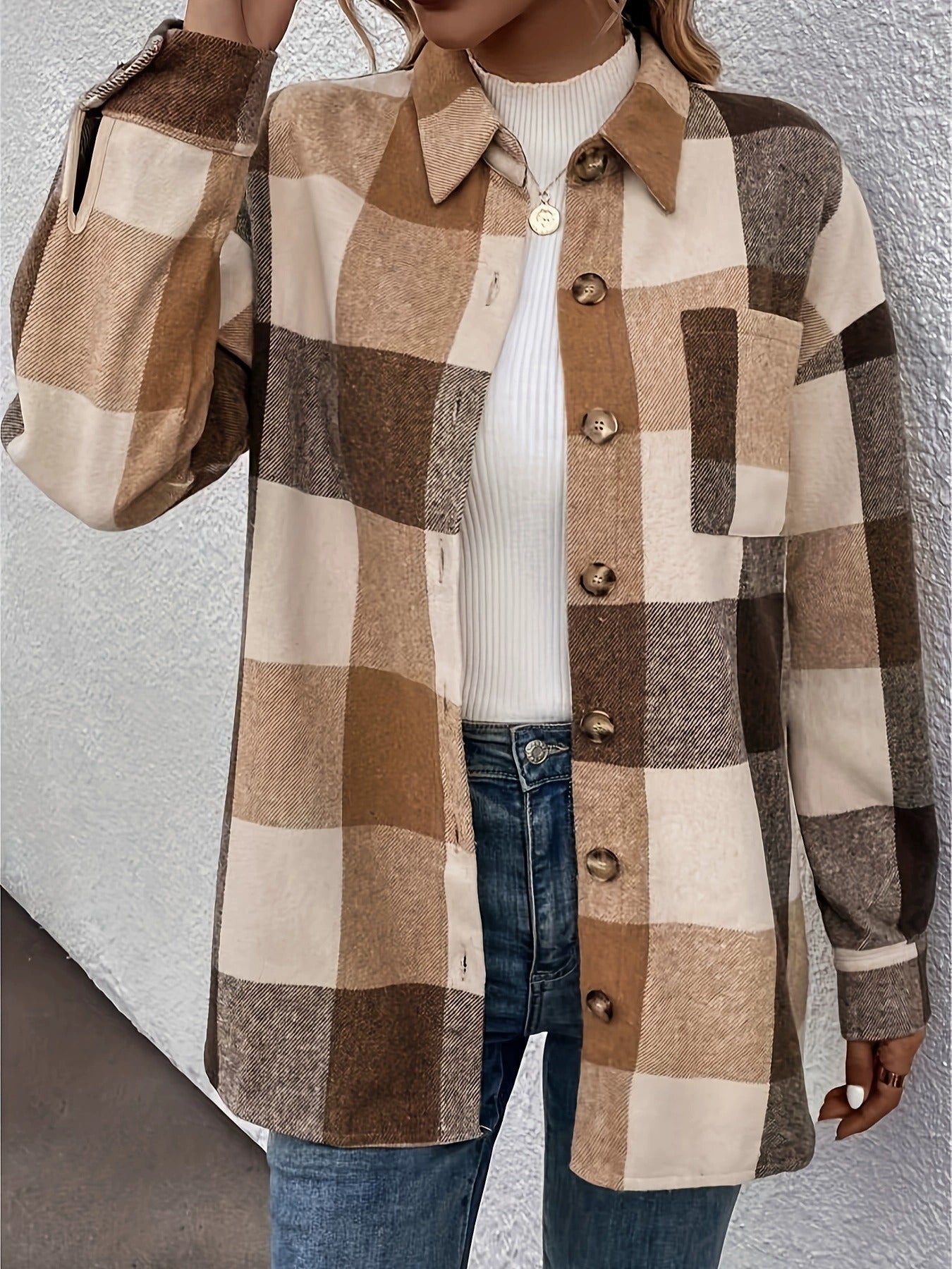 Women's Brushed Plaid Shacket - Camel Button-Up Long Sleeve Shirt Jacket