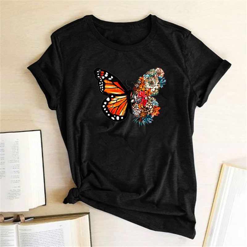 Butterfly & Wildflower Print Cotton T-Shirt - Short Sleeve Casual Tee