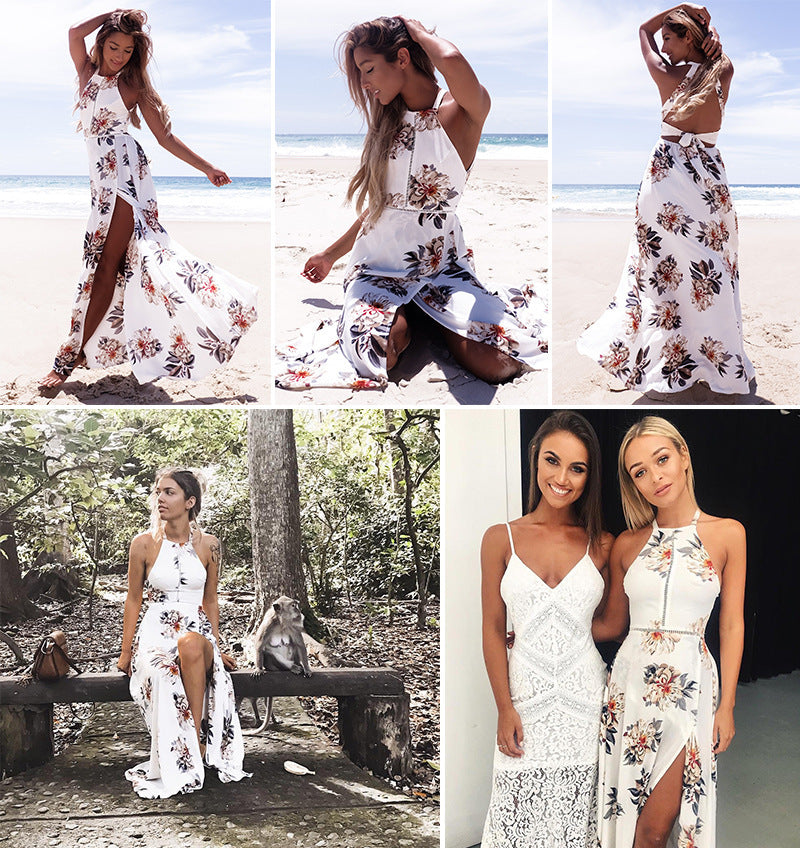 Boho Floral Halter Maxi Dress - White Lace Chiffon Sundress