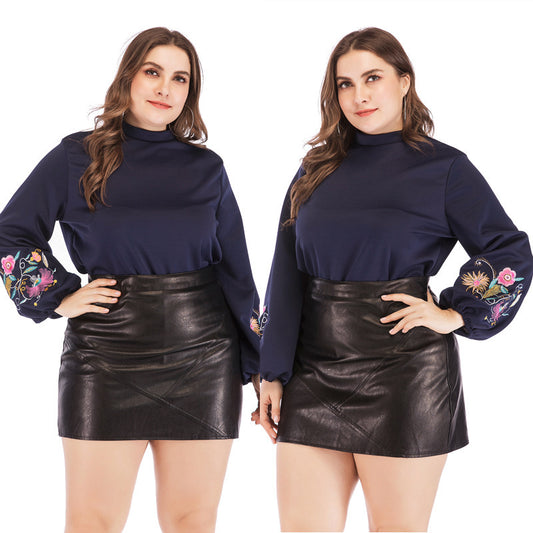 Navy Long Sleeve Top with Embroidered Floral Sleeves - Plus Size Pullover
