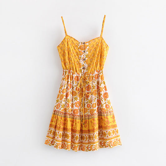 Boho Orange Floral Spaghetti Strap Jumpsuit - Summer Holiday Romper