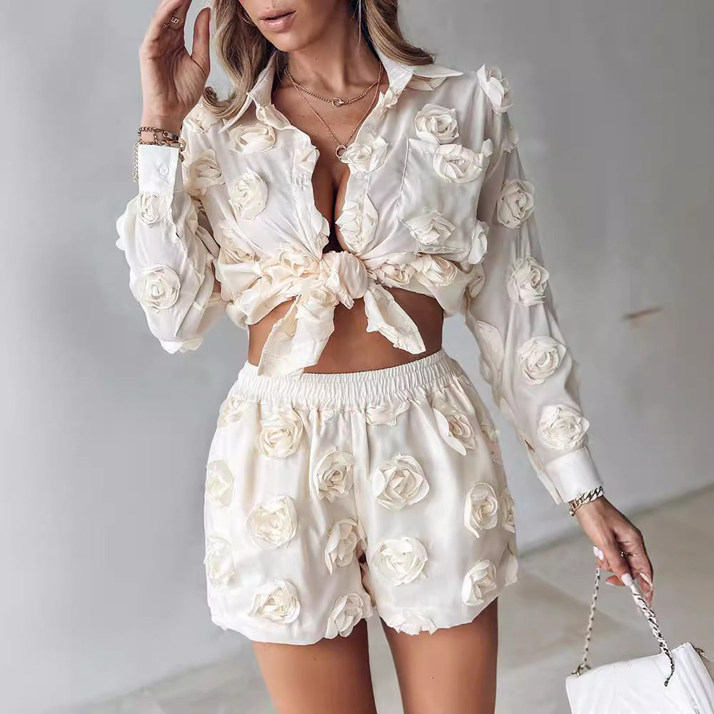 3D Floral Two-Piece Set - Women's Long Sleeve Top & Shorts
