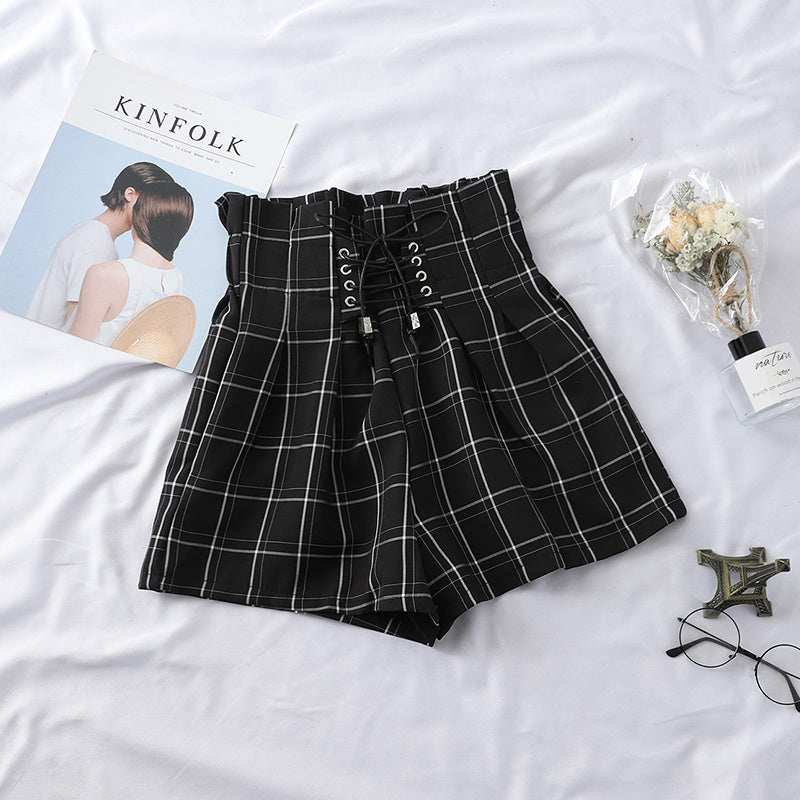 High Waist Plaid Lace-Up Shorts - Women's Casual Summer Bottoms