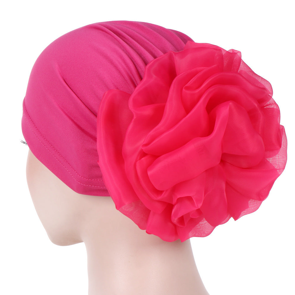 Women's Fashion Turban Hat with Large Flower Accent - Elegant Headwrap Cap