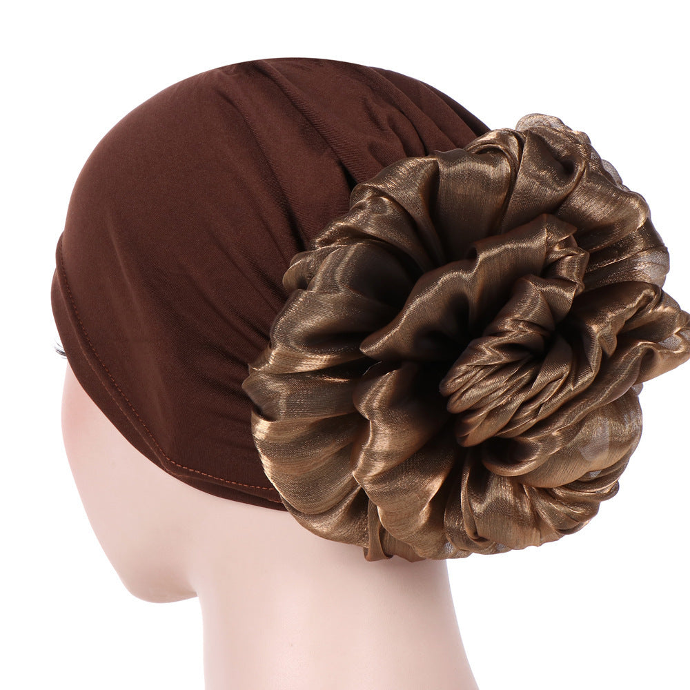 Women's Fashion Turban Hat with Large Flower Accent - Elegant Headwrap Cap