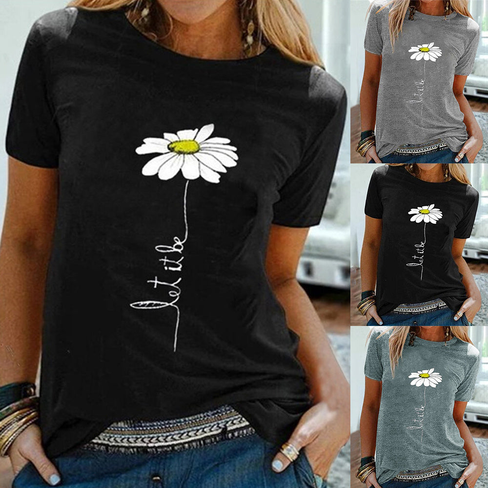 Women's "Let It Be" Daisy Graphic Tee - Casual Flower Print T-Shirt