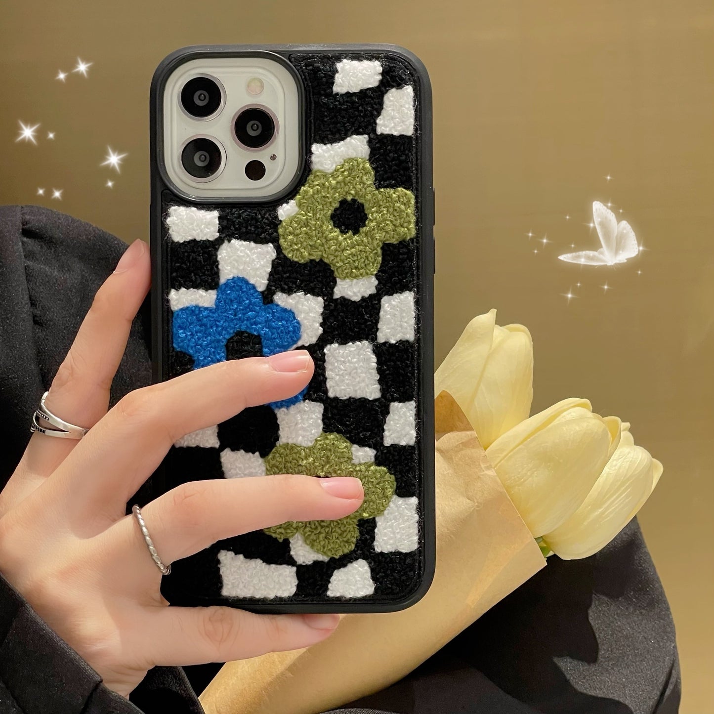 Checkerboard Floral iPhone Case - Retro Grid Silicone Cover