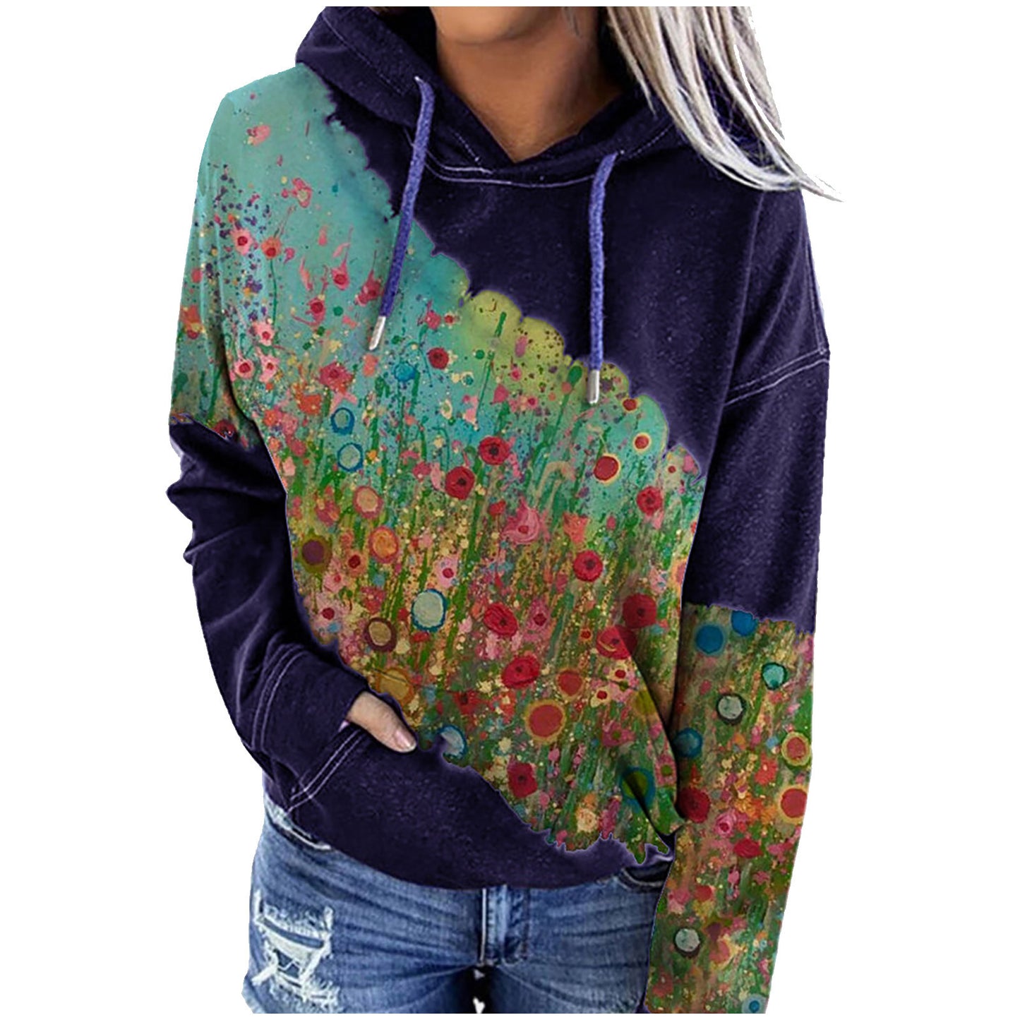Women's Floral Print Hoodie - Long Sleeve Casual Pullover Sweatshirt