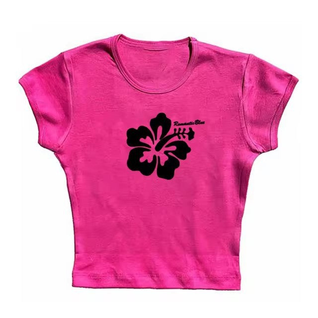 Retro Hibiscus Flower Print Short Sleeve Tee - Casual Y2K Summer Top