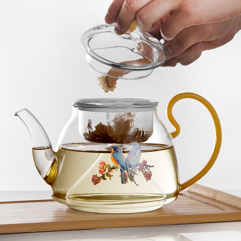 Glass Flower Teapot with Handle - Heat-Resistant Borosilicate Tea Pot (1000ml)