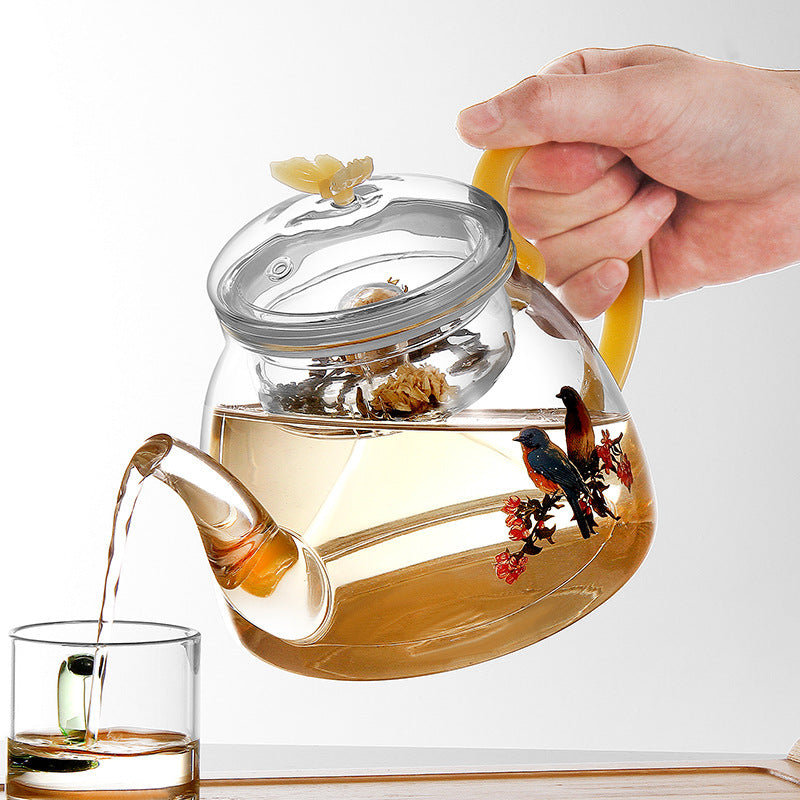 Glass Flower Teapot with Handle - Heat-Resistant Borosilicate Tea Pot (1000ml)