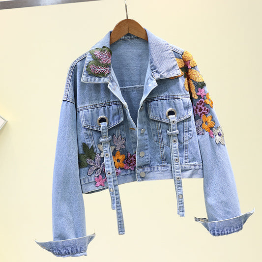Women's Cropped Blue Denim Jacket with Floral Embroidery - M/L