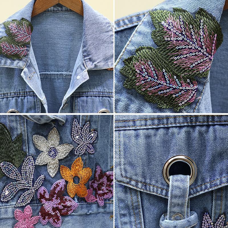 Women's Cropped Blue Denim Jacket with Floral Embroidery - M/L