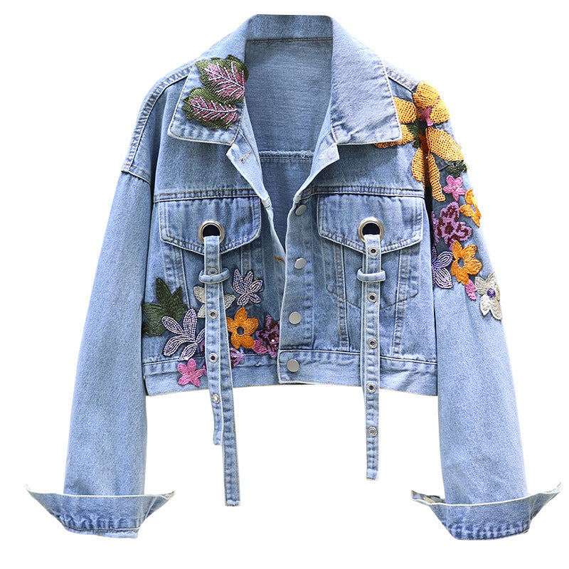 Women's Cropped Blue Denim Jacket with Floral Embroidery - M/L