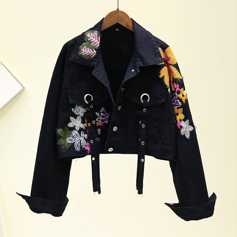 Women's Cropped Blue Denim Jacket with Floral Embroidery - M/L