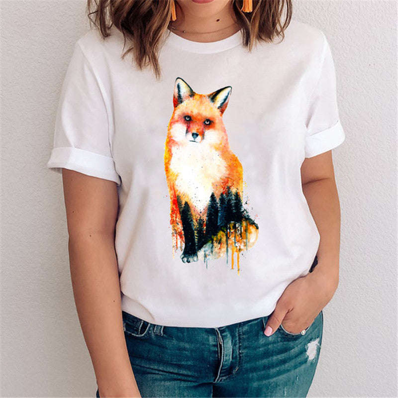 Women's Fox Graphic T-Shirt - Nature & Floral Print Casual Tee