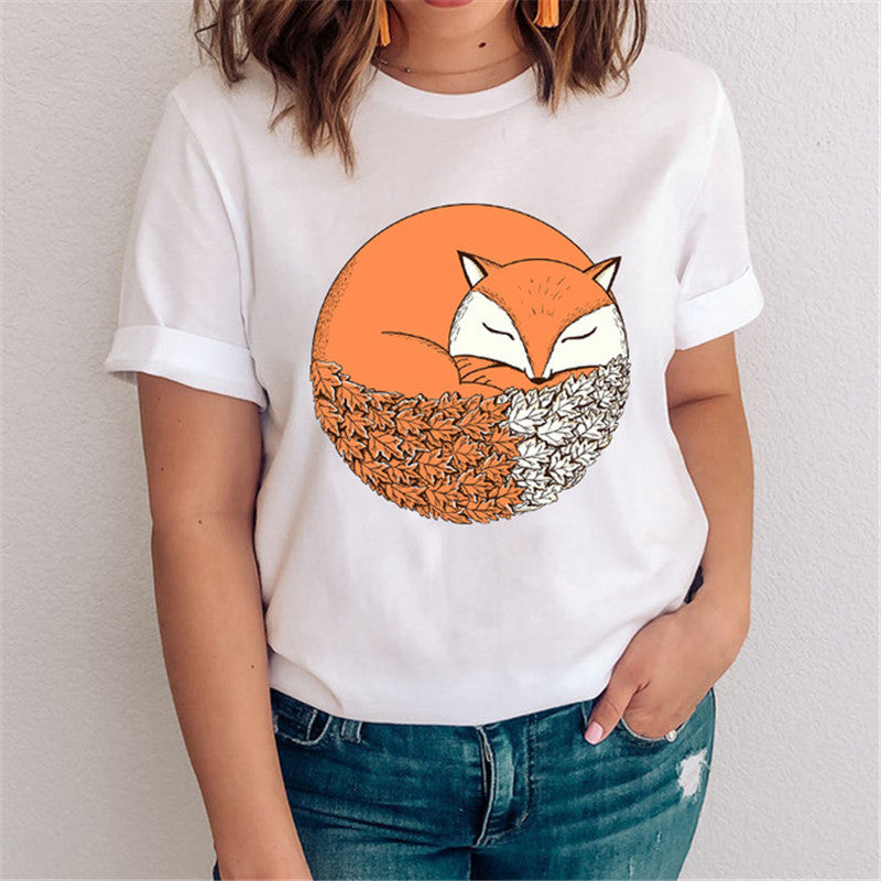 Women's Fox Graphic T-Shirt - Nature & Floral Print Casual Tee