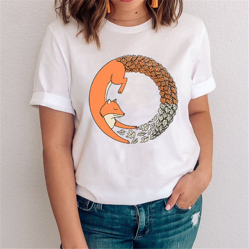 Women's Fox Graphic T-Shirt - Nature & Floral Print Casual Tee