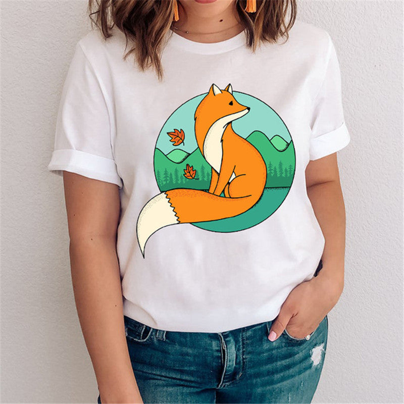 Women's Fox Graphic T-Shirt - Nature & Floral Print Casual Tee