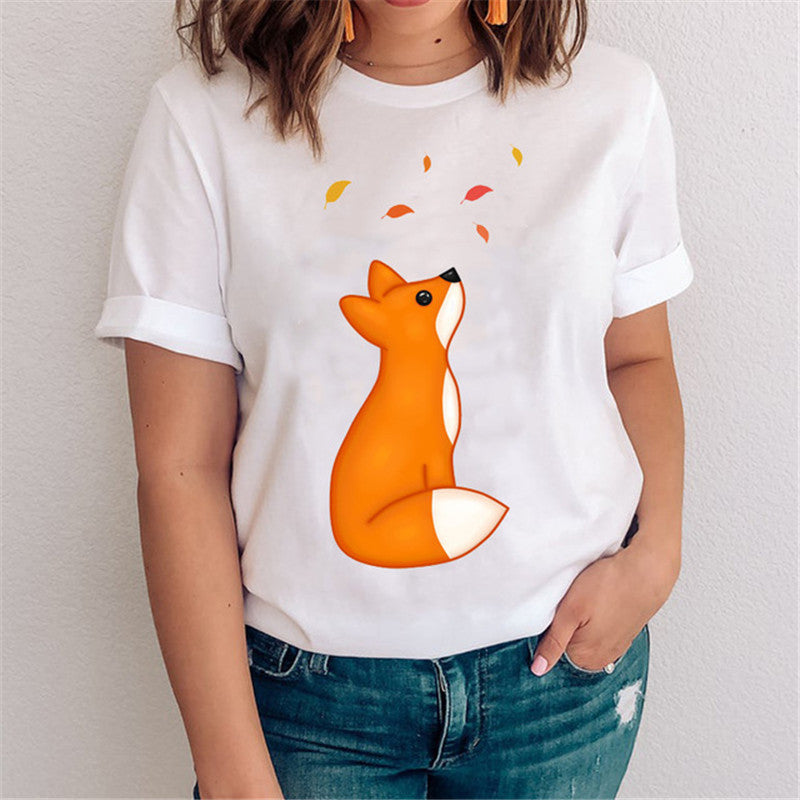 Women's Fox Graphic T-Shirt - Nature & Floral Print Casual Tee