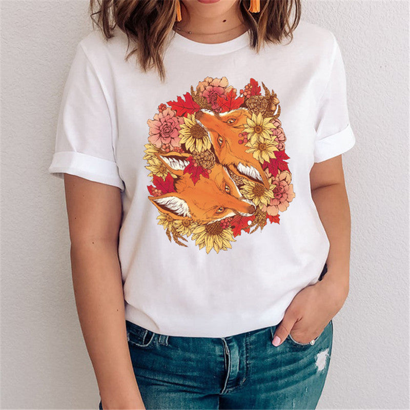 Women's Fox Graphic T-Shirt - Nature & Floral Print Casual Tee