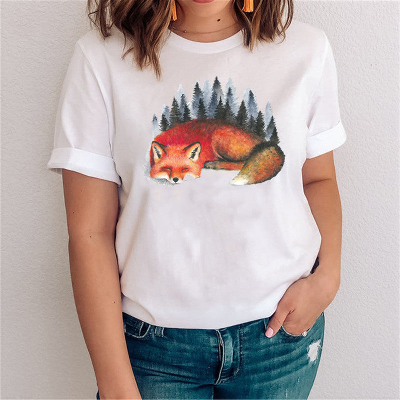 Women's Fox Graphic T-Shirt - Nature & Floral Print Casual Tee