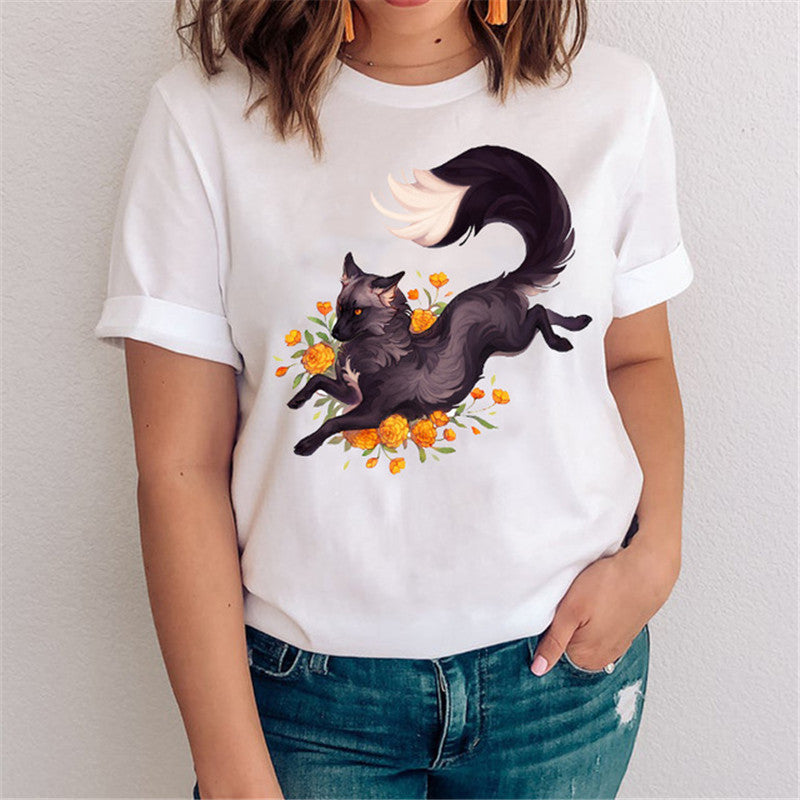 Women's Fox Graphic T-Shirt - Nature & Floral Print Casual Tee