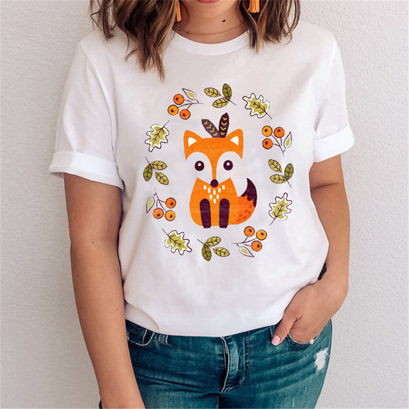 Women's Fox Graphic T-Shirt - Nature & Floral Print Casual Tee