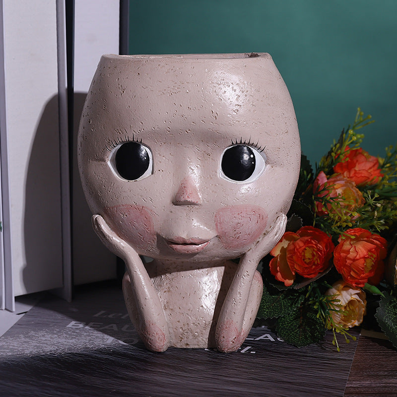 Girl Face Planter - Resin Succulent & Flower Pot for Desk or Home Decor