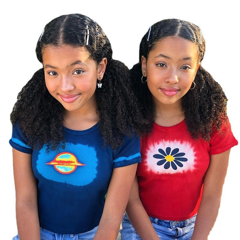 Retro Planet & Daisy Print Contrast Crop Top - Y2K Aesthetic Tee (S-L)