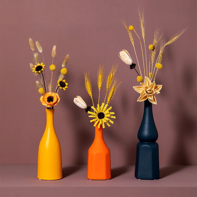 Modern Ceramic Vase Set with Dried Flower Arrangement - Home Table & Shelf Decor