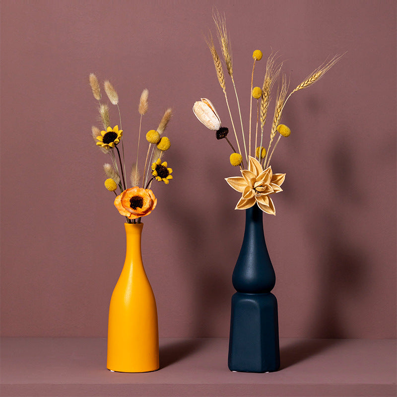 Modern Ceramic Vase Set with Dried Flower Arrangement - Home Table & Shelf Decor